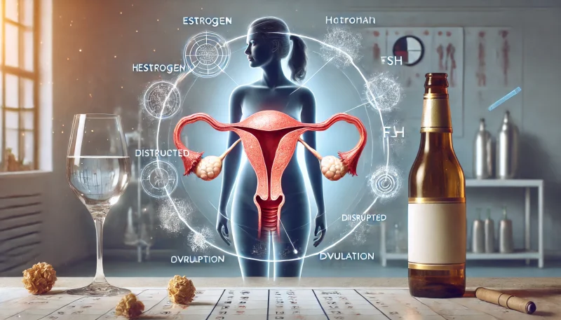 女性の体内における排卵とホルモンバランスの乱れを象徴的に表現したイメージ。卵巣と子宮がハイライトされたシルエットに、エストロゲンやLH・FSHの乱れが重なり、背景にぼんやりとワインボトルが浮かぶ構図。