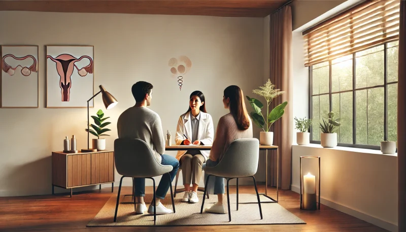 カップルが生殖心理カウンセラーと静かなオフィスで相談している様子。温かみのある雰囲気の中、専門的なサポートを受ける安心感が伝わるイメージ。