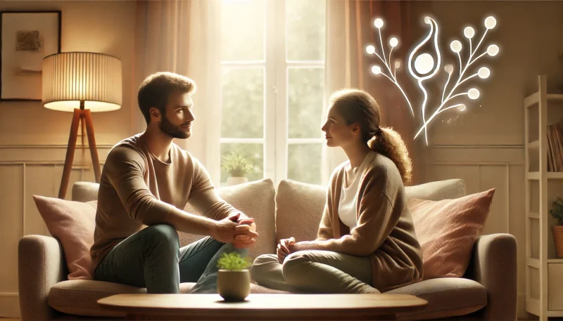 妊活中のカップルが温かい雰囲気のリビングで落ち着いて会話し、感情を共有している様子。夫婦の絆や相互理解を象徴するシーン。