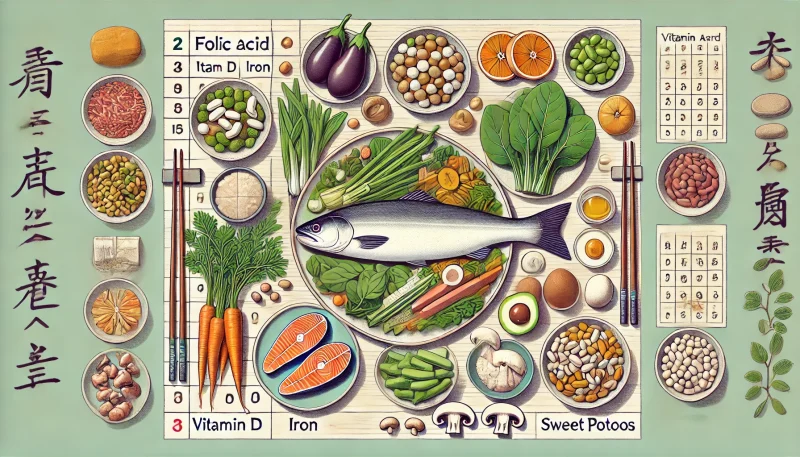 葉酸、鉄分、ビタミンD、オメガ3脂肪酸を豊富に含む和食中心の栄養バランスの取れた食事。妊活サポートに適した伝統的な日本の健康食が並ぶ食卓のイメージ。