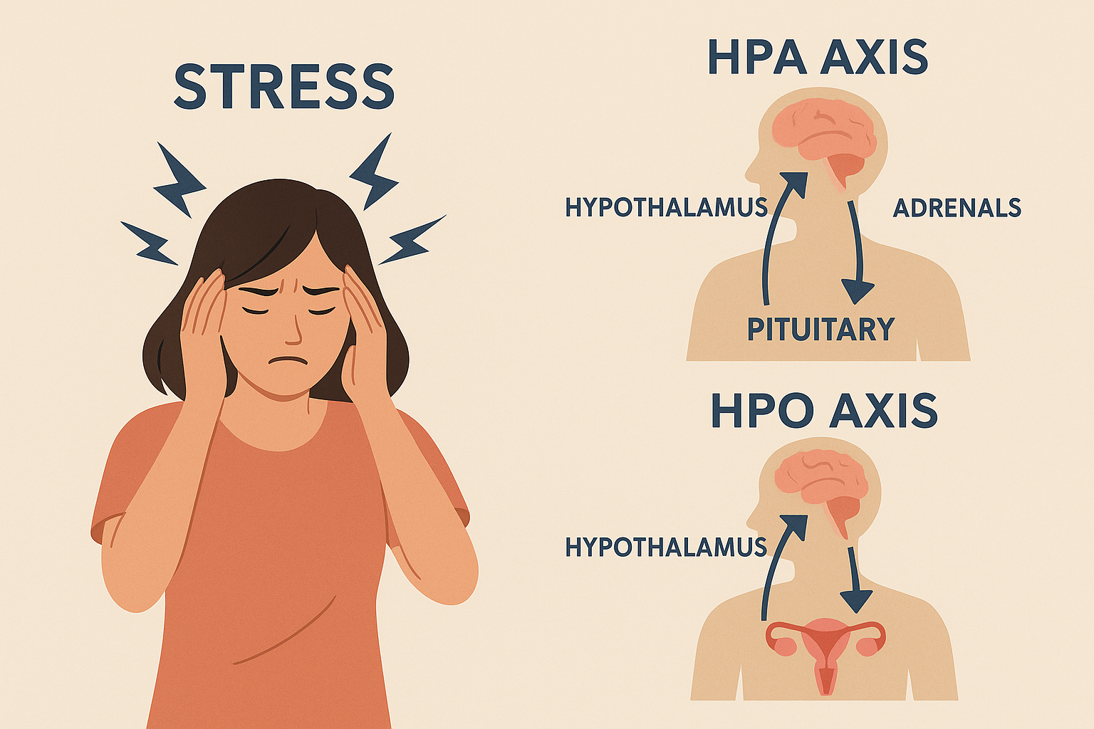 ストレスが脳の視床下部や下垂体に影響を与え、HPA軸とHPO軸を通じてホルモンバランスや卵巣機能に影響する仕組みを示した医学的イラスト。ストレスで頭を抱える女性のイメージも含む