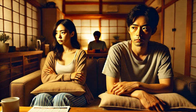 　- タイミングが合わず、距離を感じる日本人カップルがリビングで無言のまま座る様子。妊活のストレスや感情のすれ違いが伝わる情景。