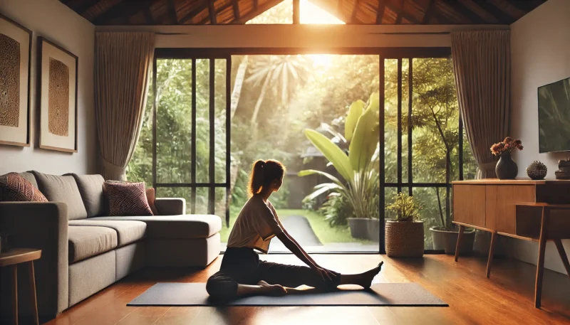 自宅の静かなリビングで朝のストレッチを行う女性。股関節まわりの柔軟性を高める軽い運動が、妊活中の血流促進とストレス緩和に有効であることを示すイメージ。