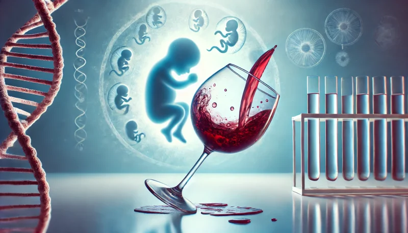 妊活中の飲酒がもたらすリスクを象徴するイメージ。こぼれた赤ワインが壊れたDNAと消えかけた胚のシルエットに変化していく様子を、医療的で清潔な背景の中で表現している。