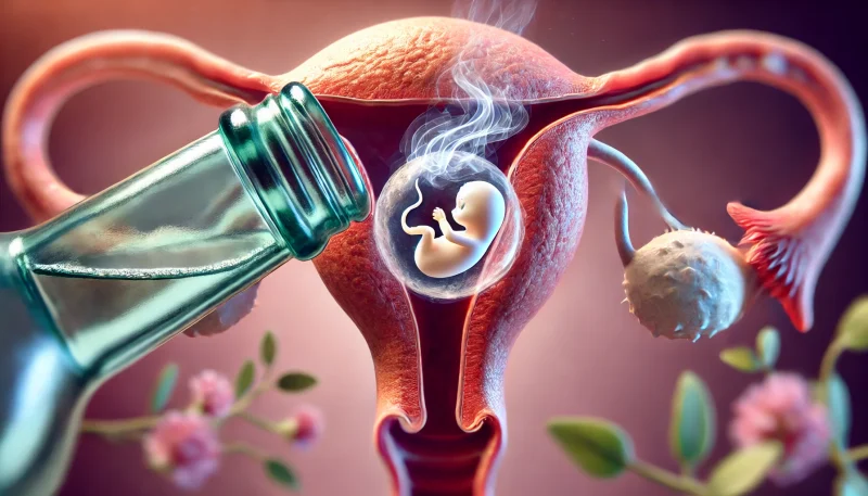 男性の体内における精子の質とDNA損傷を象徴するイメージ。精巣と精子が強調され、精子の周囲に断裂したDNAのビジュアルが浮かび、背景には歪んだビールグラスが薄く描かれている。