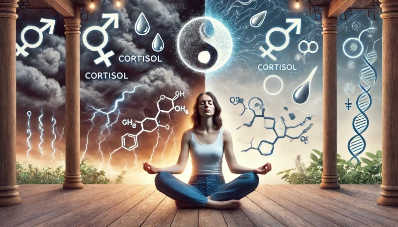 妊活中のストレスがホルモンバランスに与える影響を象徴的に表現したイラスト。左側にはコルチゾールの影響でストレスを抱える女性、右側には瞑想により心を整えた穏やかな女性が描かれている。