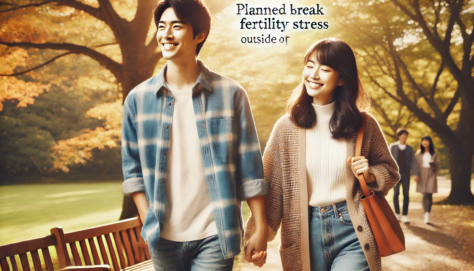 - 秋の公園を手をつないで散歩し、笑顔で過ごす日本人カップル。妊活から一時的に離れ、心のリフレッシュを図る様子。