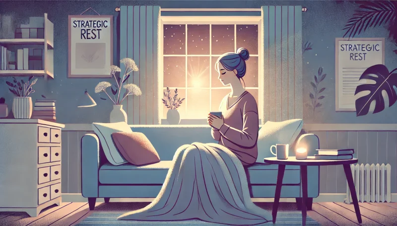- 心身ともに疲労した女性が静かな部屋で休息を取っている様子。妊活疲れに対する戦略的休息の重要性を象徴するシーン。