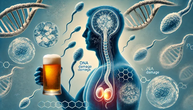 男性の体内における精子の質とDNA損傷を象徴するイメージ。精巣と精子が強調され、精子の周囲に断裂したDNAのビジュアルが浮かび、背景には歪んだビールグラスが薄く描かれている。