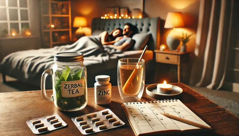 妊活中の禁酒をサポートする健康的な代替行動を描いたイメージ。ハーブティーや亜鉛サプリメント、健康習慣が記されたカレンダー付きのジャーナルがテーブルに置かれ、背景には穏やかに眠る夫婦の寝室が描かれている。