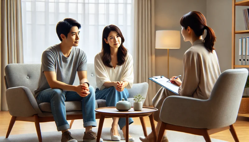 妊活の悩みを相談するため、カウンセラーと対話する日本人夫婦。落ち着いた雰囲気の相談室で、専門的サポートを受ける様子。