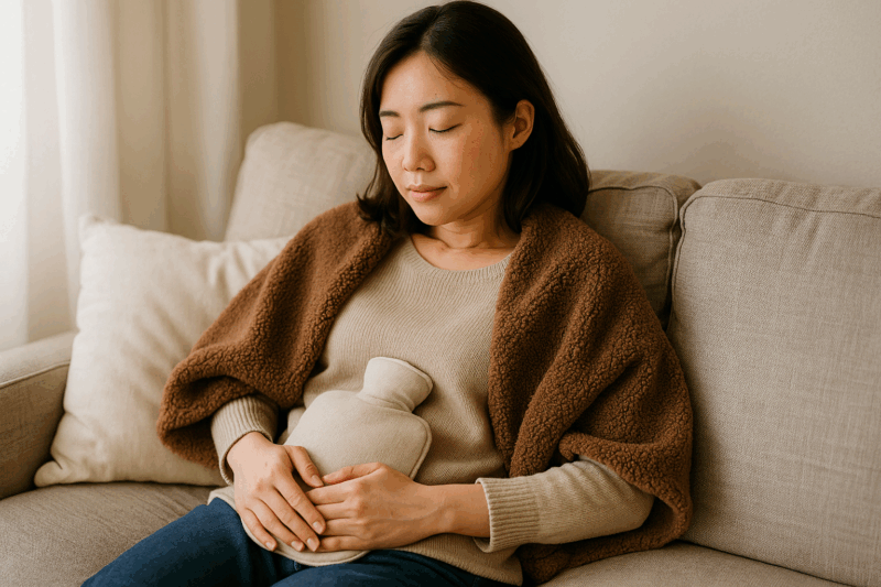 　妊活中の日本人女性が自宅のソファで腹部にカイロを当て、ブランケットをかけてリラックスしながら体を温めている様子。冷え対策と温活を実践するシーン