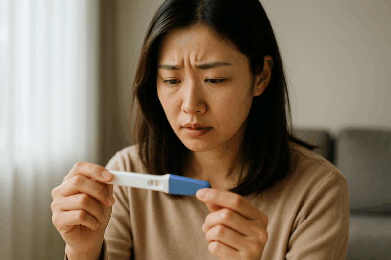 　日本人女性が妊娠検査薬を手に、不安そうな表情で結果をじっと見つめている様子。妊娠超初期の出血や化学流産の可能性に戸惑う場面
