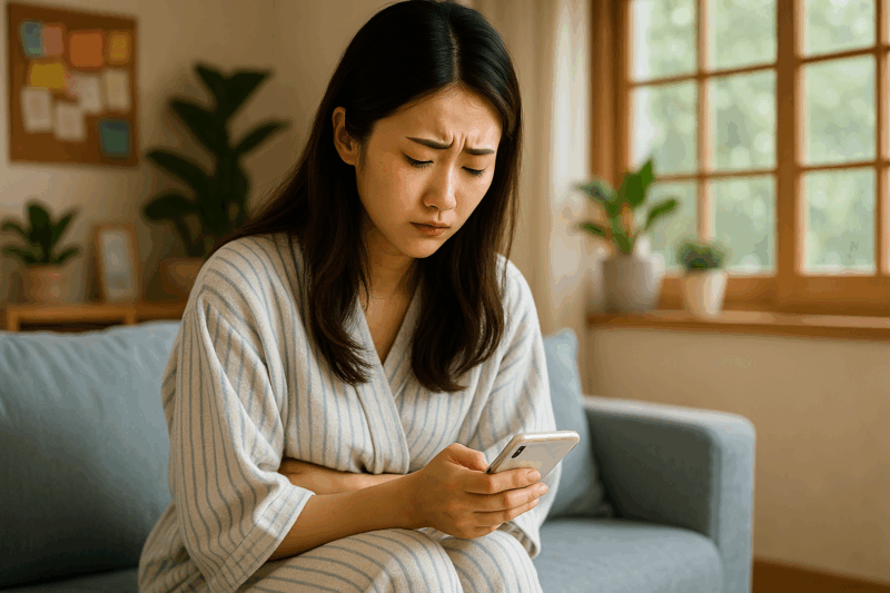 妊活中の日本人女性がリビングで体調の変化に不安を感じ、スマートフォンで生理症状について調べている様子