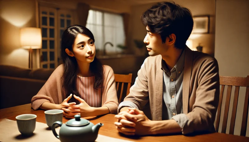 温かい雰囲気の中、ダイニングテーブル越しに穏やかに会話を交わす日本人カップル。相手を責めず、共感を重視した妊活中のコミュニケーションの様子。