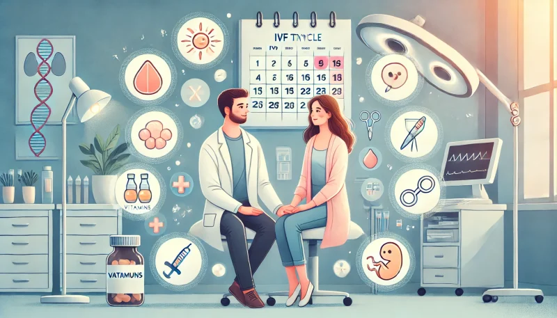 IVF治療前にライフスタイルを見直す夫婦を描いたイラスト。診察室で手を取り合うカップルの背後に、IVFサイクルを示すカレンダーと、禁酒・サプリメント・胚のアイコンが浮かぶ希望的な雰囲気の構成。