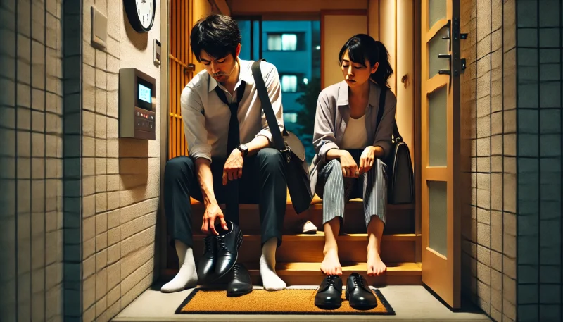 - 残業後に帰宅し、疲れた表情で無言のまま玄関に立つ日本人の共働き夫婦。妊活に必要な時間とエネルギーの不足が伝わる場面。