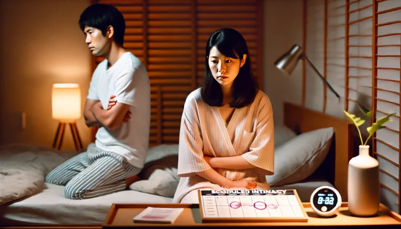 排卵日に合わせたスケジュールにより、義務感で距離が生じた日本人カップルの夜の寝室での様子。緊張した空気と疲弊がにじむ構図。