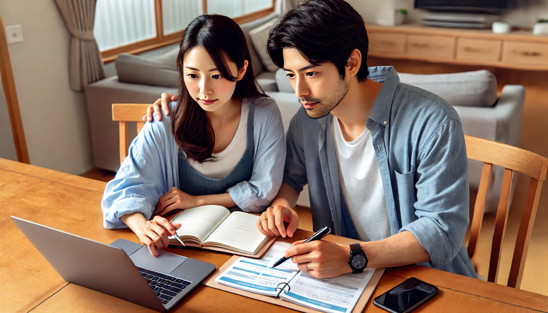 - 自宅のテーブルでノートとパソコンを使い、妊活の役割分担を話し合う日本人カップル。協力的かつ対等な関係が伝わるシーン。