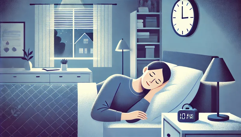妊活中の女性がリラックスして眠る落ち着いた寝室の夜の風景。質の高い睡眠が心身の回復とホルモンバランスの調整に重要であることを示すイメージ。