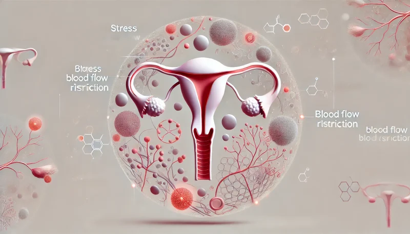 ストレスにより子宮や卵巣周辺の血流が制限されている様子を表現した医学的な概念図。妊活と自律神経の関係を視覚的に解説する構図