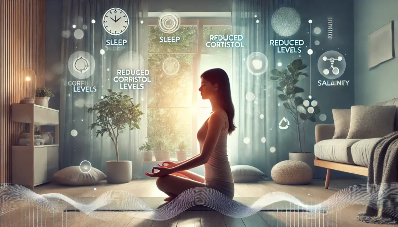 自宅でマインドフルネス瞑想を実践し、ホルモンバランスを整える女性の姿。自然光と落ち着いたインテリアに囲まれ、心身の安定と回復を象徴する空間。