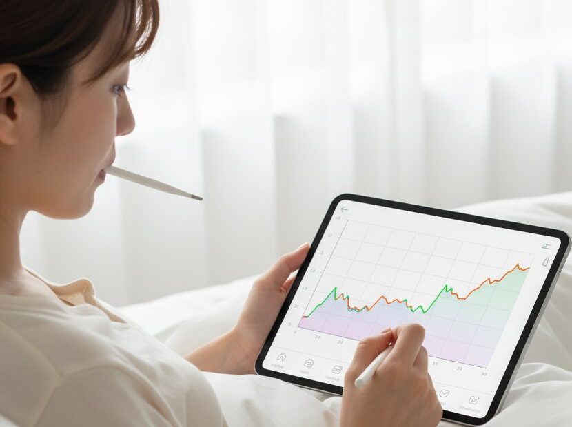 ベッドでタブレットを見ながら基礎体温を記録し、排卵日を予測する女性。基礎体温計と排卵検査薬が置かれている。
