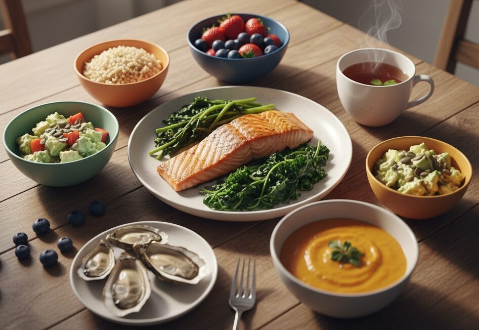 バランスの取れた妊活食卓。葉酸が豊富な緑黄色野菜、亜鉛が豊富な牡蠣、タンパク質豊富な鮭、そしてベリーやアボカドなどが並べられている。