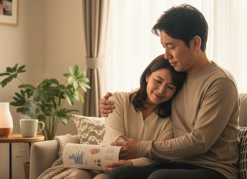 リビングのソファで妊活情報誌を一緒に見ながら、優しく寄り添い、支え合う夫婦の姿。アロマディフューザーが置かれ、穏やかな雰囲気。