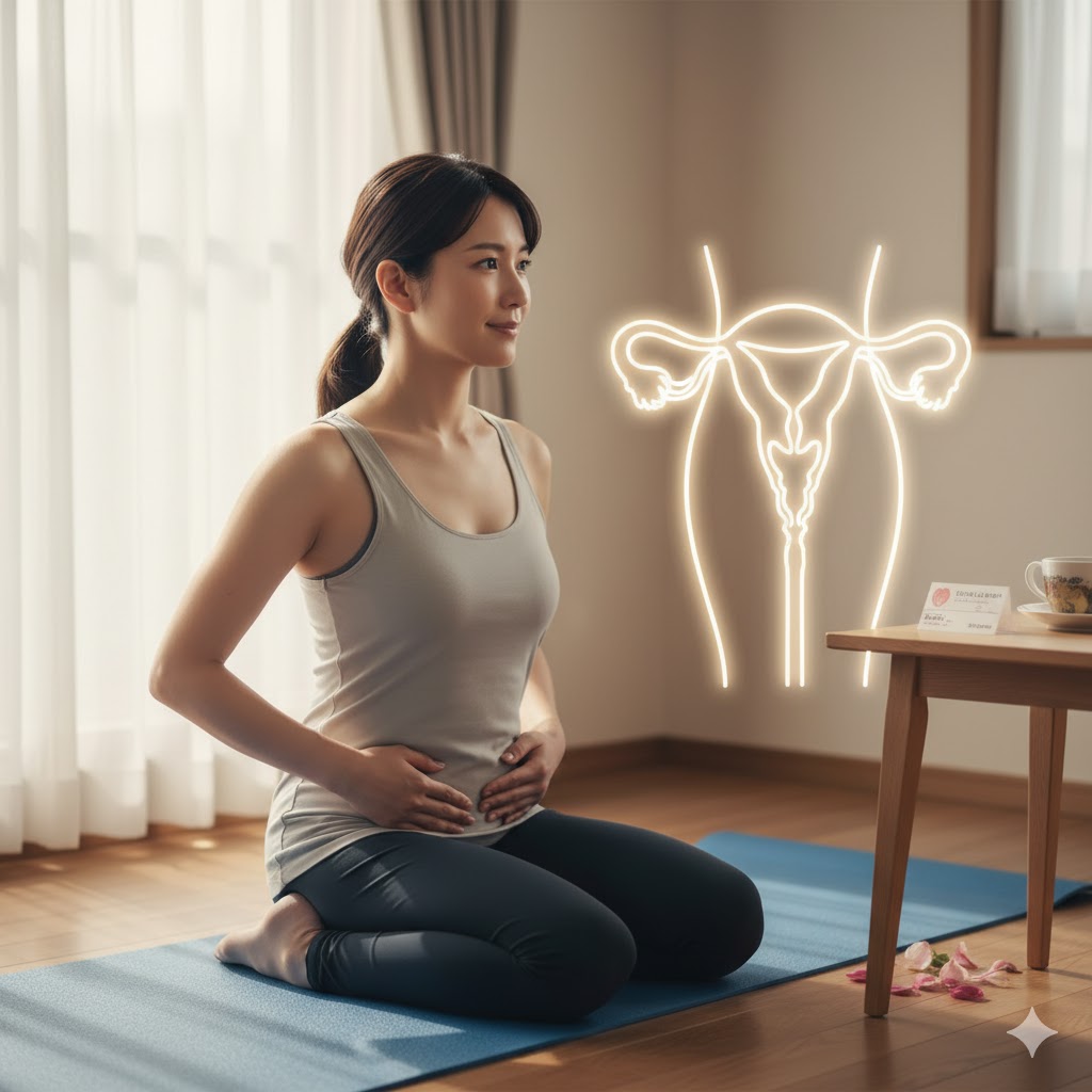 ピラティスのポーズをとりながら、自身の体と向き合う女性と、その隣に浮かび上がる子宮のイラスト。妊活におけるピラティスの重要性を示唆する。 